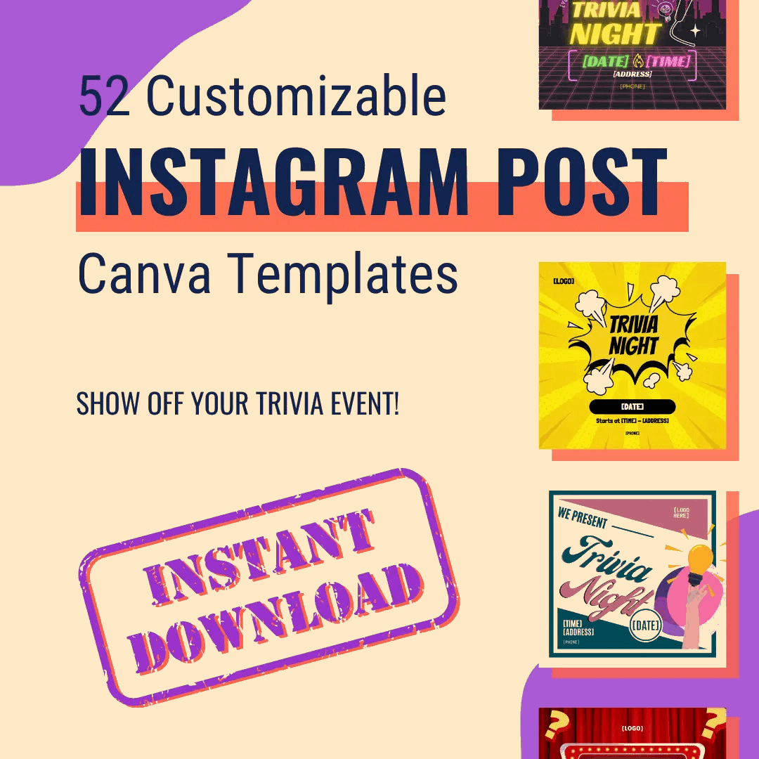 Graphic showcasing "Instagram Post Trivia Templates (52 Pack, Canva Customizable)" by Cheap Trivia, designed to enhance Instagram engagement with vibrant trivia night designs and an "Instant Download" stamp.