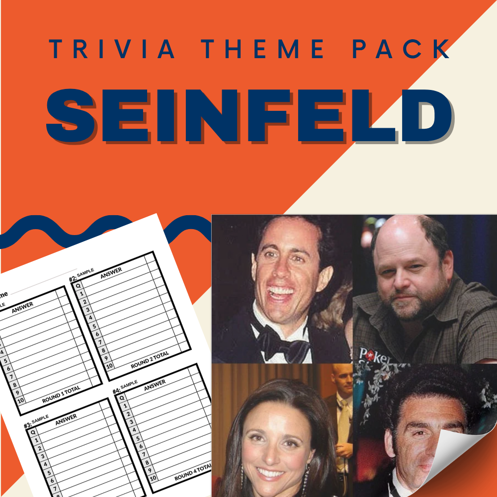 The Seinfeld Trivia Night Theme Pack by Cheap Trivia features bold text, sample answer sheets, and photos of the four main Seinfeld characters—ideal for bar trivia or any 90s sitcom-themed event.