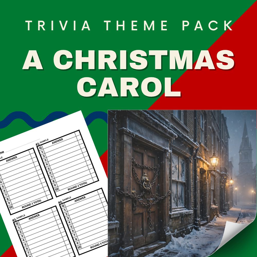 A Christmas Carol trivia night theme pack cover - Charles Dickens Ebenezer Scrooge quiz questions