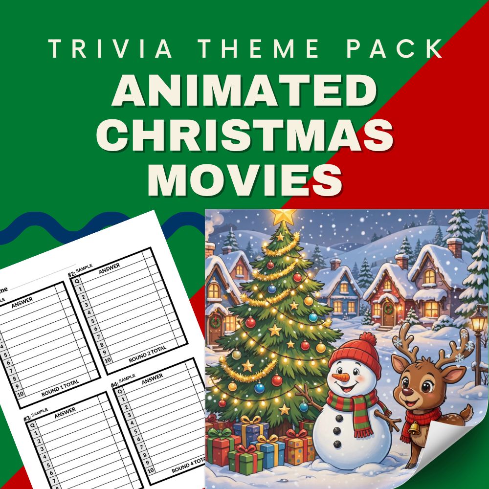 Animated Christmas movies trivia night theme pack cover - Rankin Bass Frosty Rudolph cartoon quiz