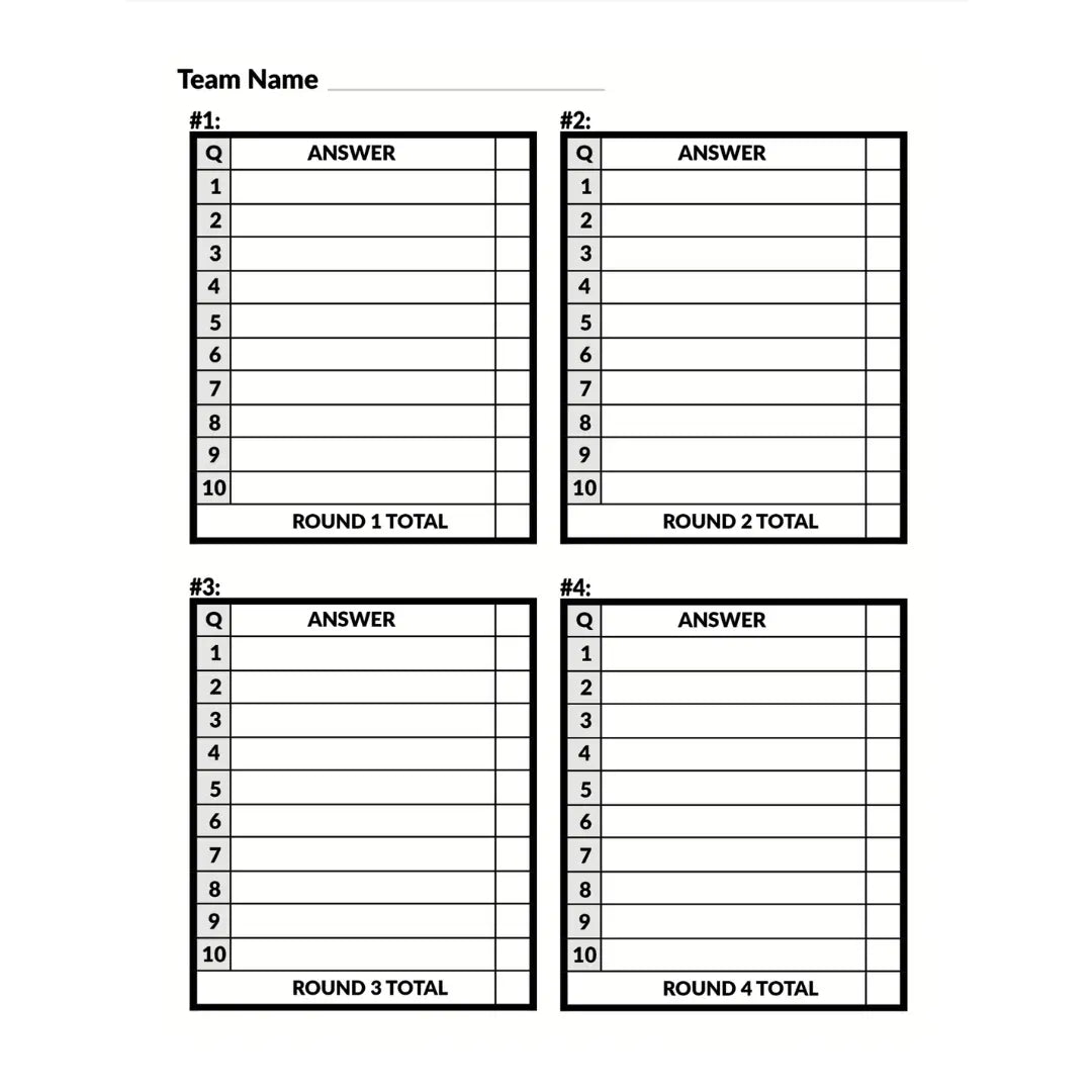 The Cheap Trivia Starter Kit includes answer sheets for four rounds with ten questions each, plus spaces for team names and scores, ideal for engaging trivia events.