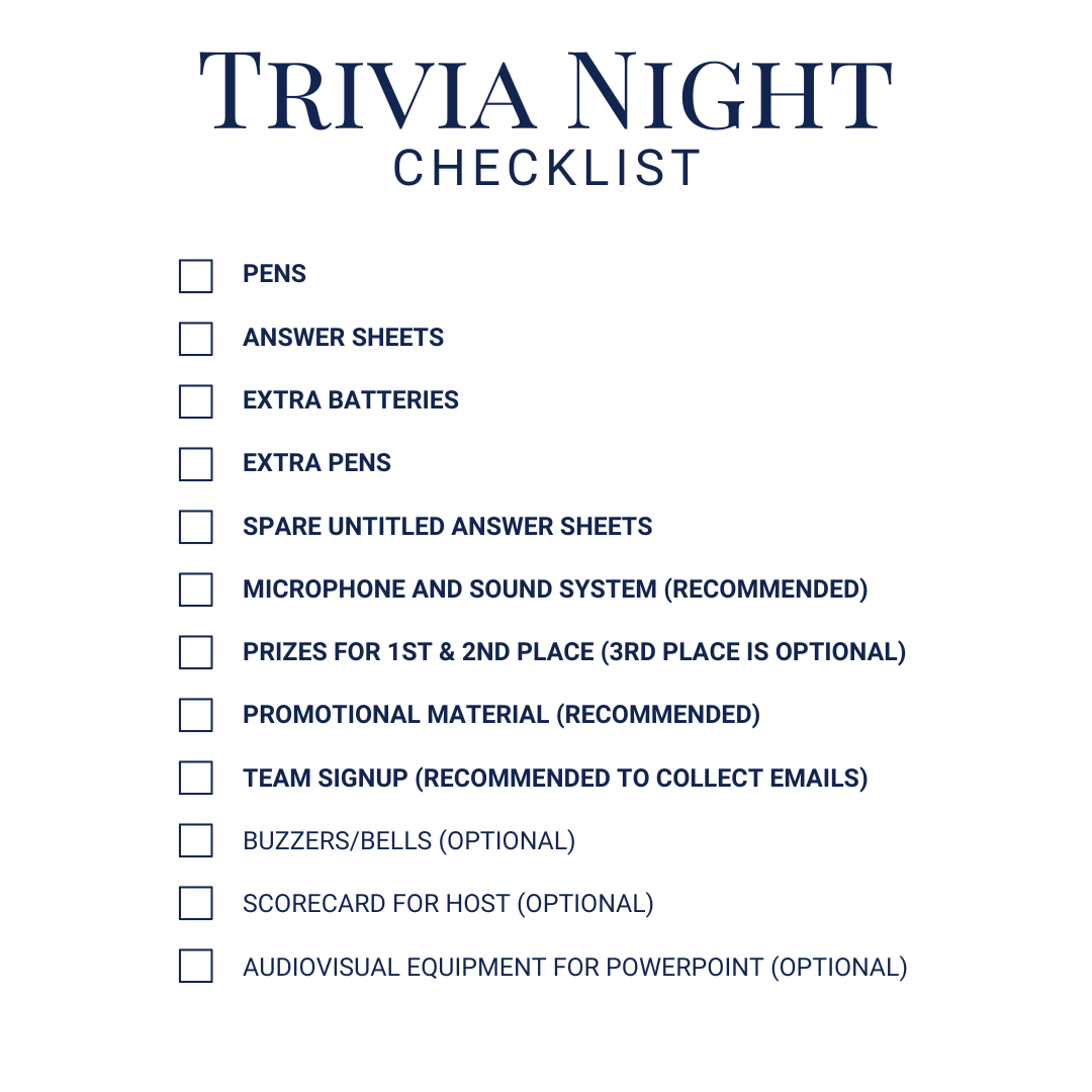 The Trivia Night Resources Starter Kit by Cheap Trivia includes essentials like pens, answer sheets, and extra batteries. Optional items like a sound system or prizes can enhance your trivia events.