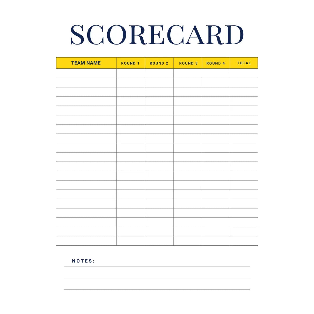 The Trivia Night Resources Starter Kit by Cheap Trivia includes a blank scorecard with columns for team names, rounds 1 to 4, total scores, and notes. It's perfect for organizing and tracking your trivia night events easily.