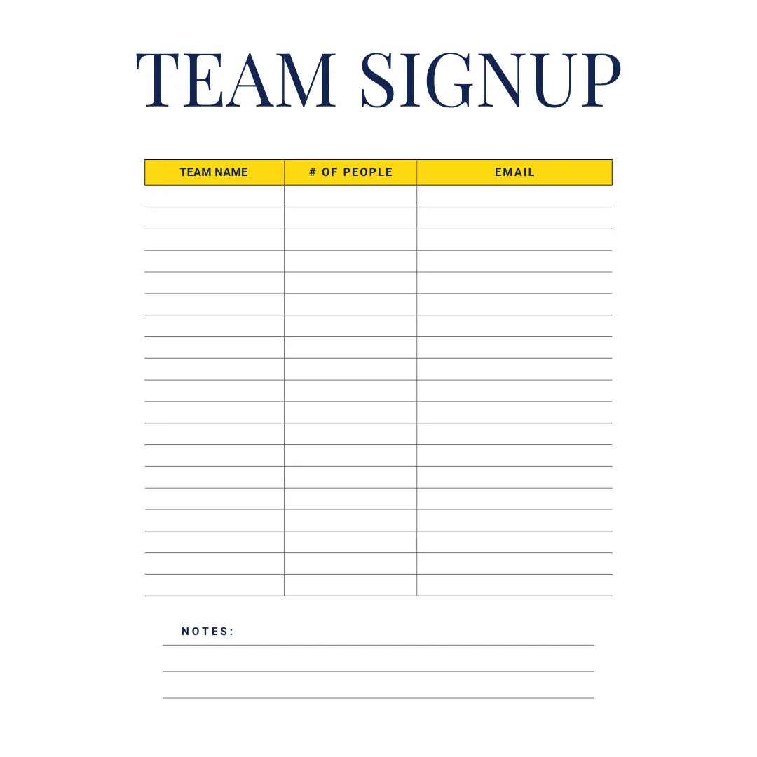 The Trivia Night Resources Starter Kit by Cheap Trivia includes a blank team signup sheet, ideal for trivia events, featuring columns for team name, number of people, and email.