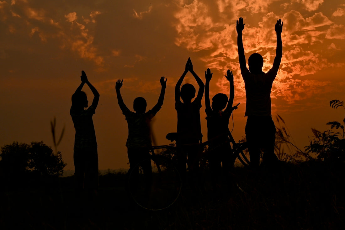 silhouette of people standing and raising their hands during sunset