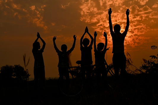 silhouette of people standing and raising their hands during sunset
