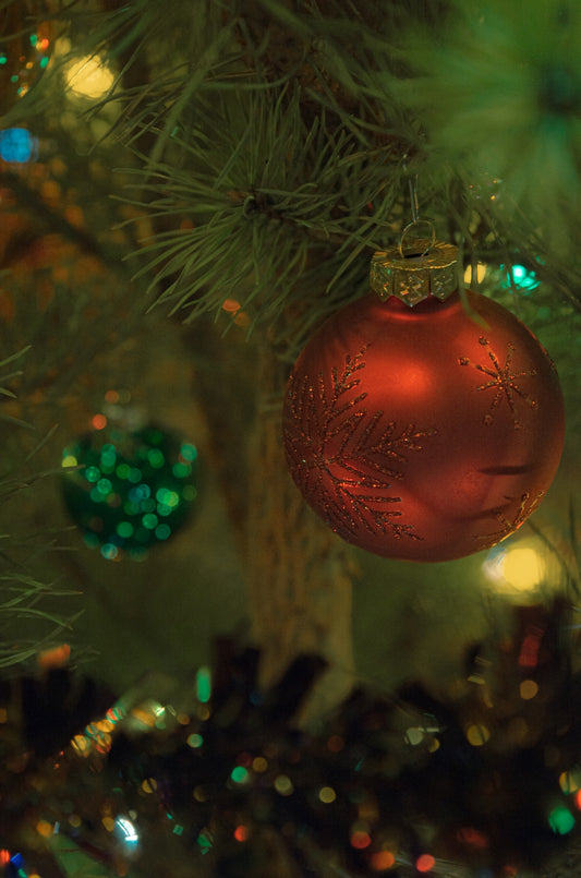 a red ornament hanging from a christmas tree