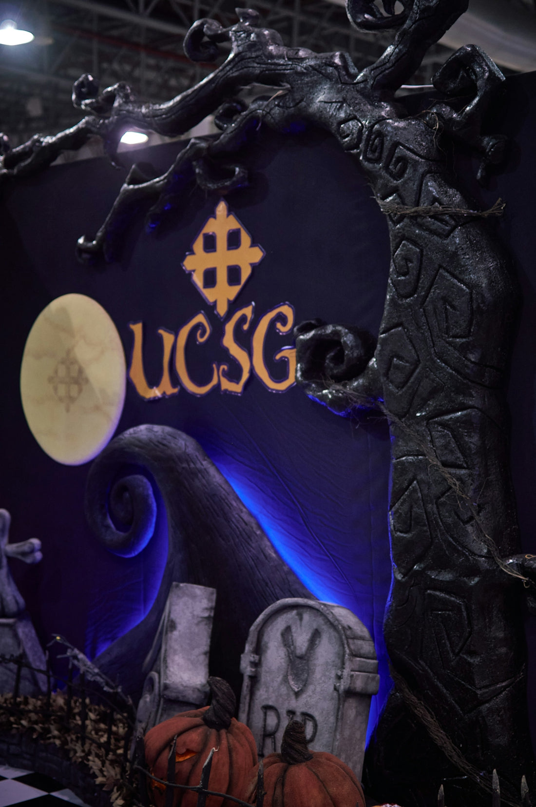 A display of halloween decorations in a building