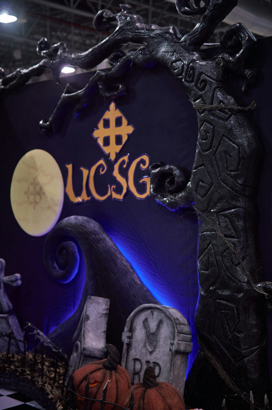 A display of halloween decorations in a building