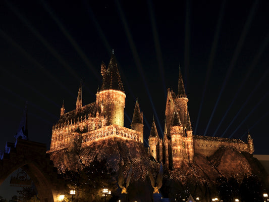 A castle lit up at night with lights shining on it