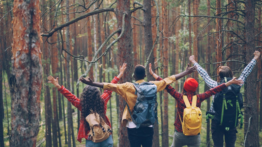 Four friends with backpacks raise arms in forest.