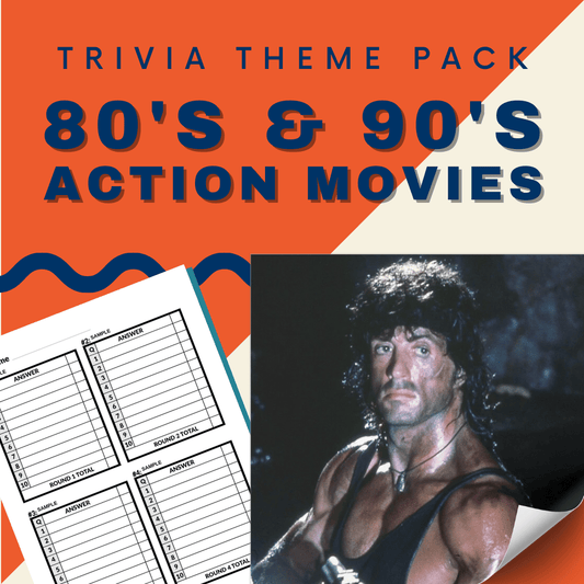 Spice up your Trivia Night with Cheap Trivia's 80's and 90's Action Movies Theme Pack, featuring a nostalgic cover with a muscular character wearing a headband and a peek at the trivia answer sheet.