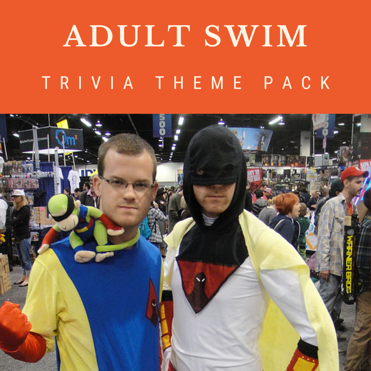 Two costumed individuals strike a pose at a convention against a backdrop of crowds and vendor booths, capturing Trivia Night's excitement. The scene is titled "Adult Swim Trivia Night Theme Pack" by Cheap Trivia, suggesting Rick and Morty influences at the event.