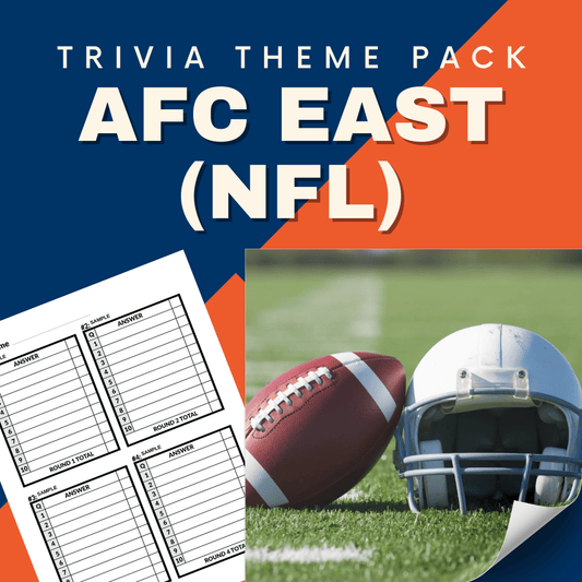 Explore the AFC East NFL Trivia Night Theme Pack by Cheap Trivia, designed for passionate football fans. Featuring a football, helmet, and answer sheets against a lively blue and orange background—ideal for anyone eager to test their NFL trivia prowess!.