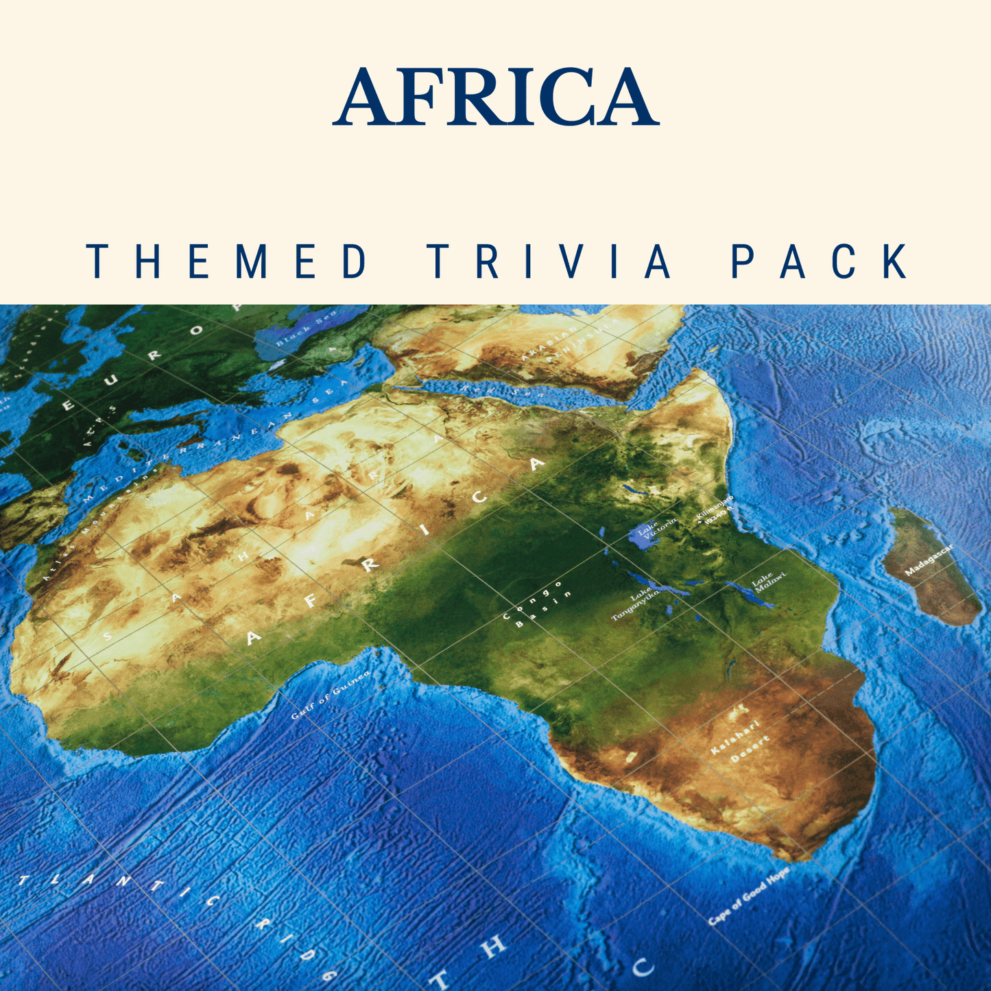 Image of a map highlighting Africa, labeled "Africa Trivia Night Theme Pack" by Cheap Trivia, perfect for an exciting trivia night exploring the continent's rich cultural heritage.