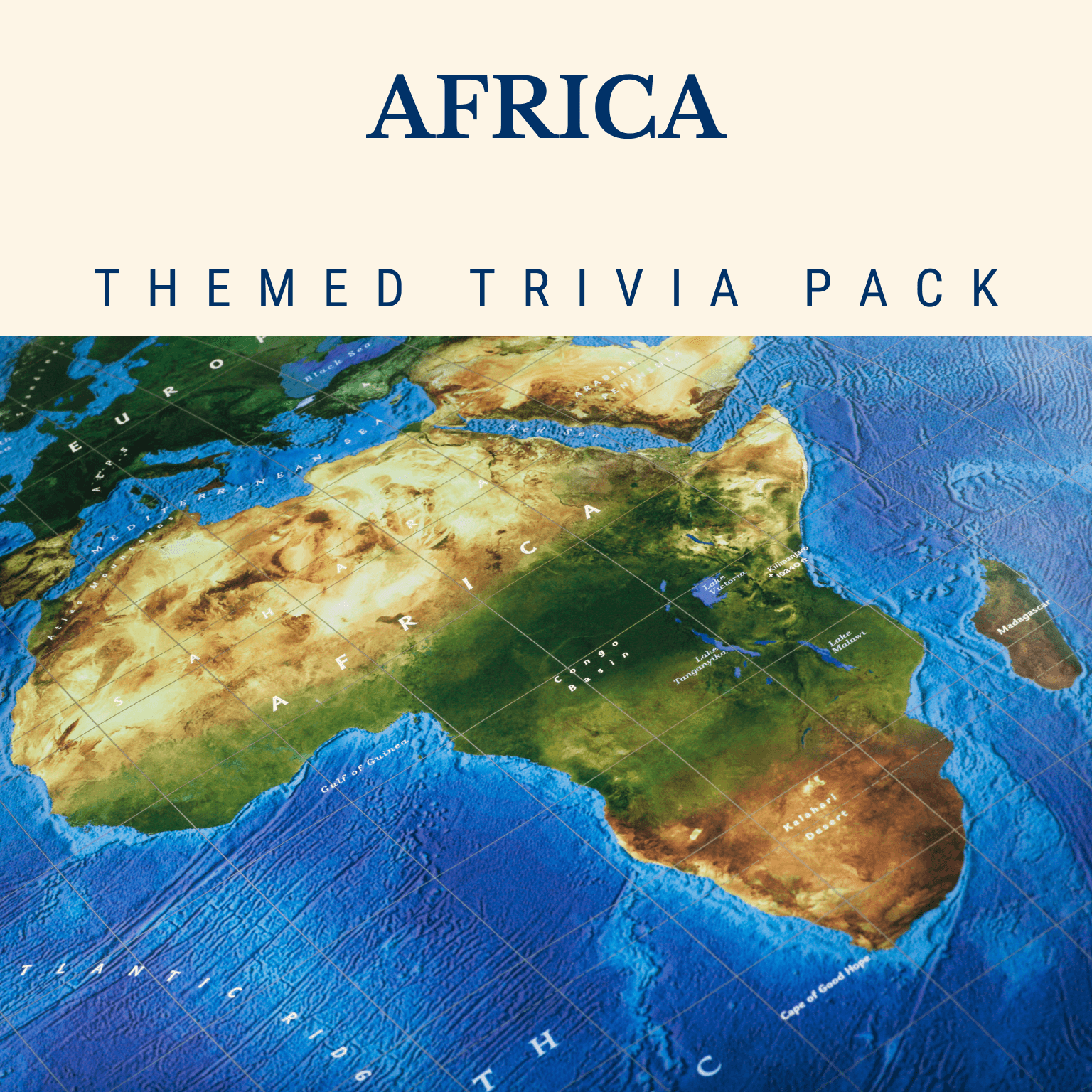 Image of a map highlighting Africa, labeled "Africa Trivia Night Theme Pack" by Cheap Trivia, perfect for an exciting trivia night exploring the continent's rich cultural heritage.