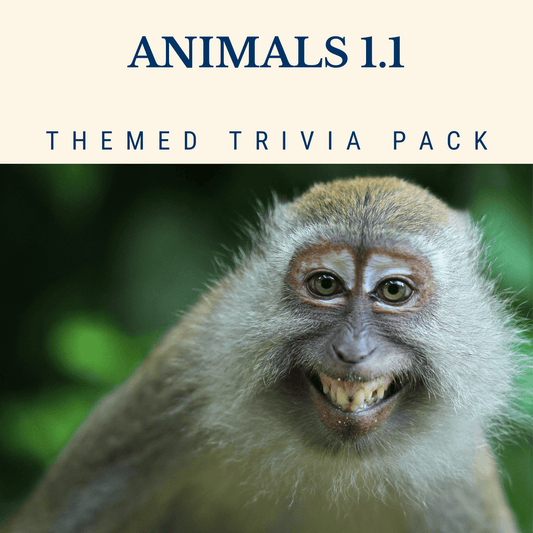 Cover of "Animals 1.1 Trivia Night Theme Pack" by Cheap Trivia, showcasing a smiling monkey against a blurred green backdrop, ideal for engaging audiences with fun animal-themed questions.