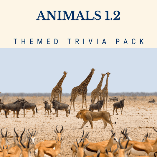 Cover image for Cheap Trivia's "Animals 1.2 Trivia Night Theme Pack" features a lively savanna scene with giraffes, wildebeests, impalas, and a lion—ideal for hosting an exciting Trivia Night on animal wonders.