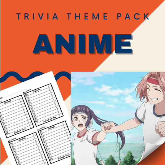 Image titled "Anime Trivia Night Theme Pack" from Cheap Trivia showcases an anime-style illustration of two athletic characters, one smiling and the other surprised, along with a printable quiz ideal for anime trivia enthusiasts.