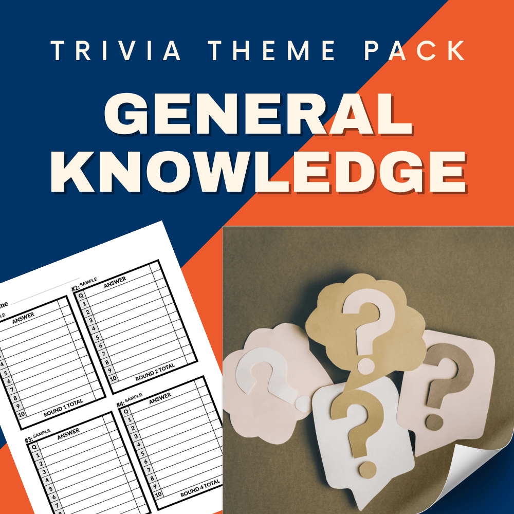 Blue and orange graphic featuring the “Bar Trivia Night: General Knowledge Pack” by Cheap Trivia, with a trivia answer sheet and paper cutout question marks on a brown background—ideal for your next bar trivia or pub quiz night.