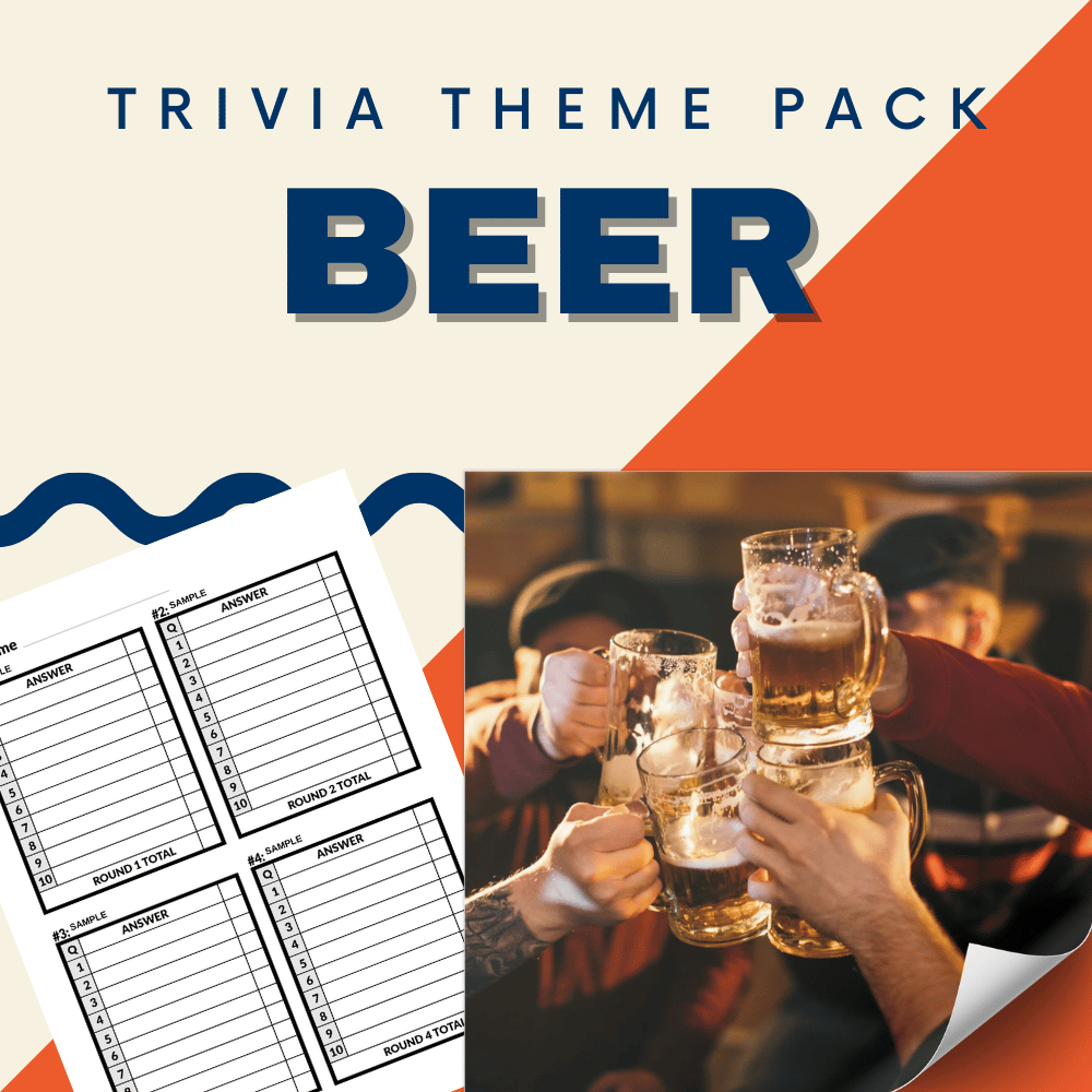 Enhance your brew knowledge with Cheap Trivia's Beer Trivia Night Theme Pack! Enjoy engaging worksheets with blank answer spaces and a lively photo of people clinking beer mugs, perfect for boosting your entertainment and engagement.