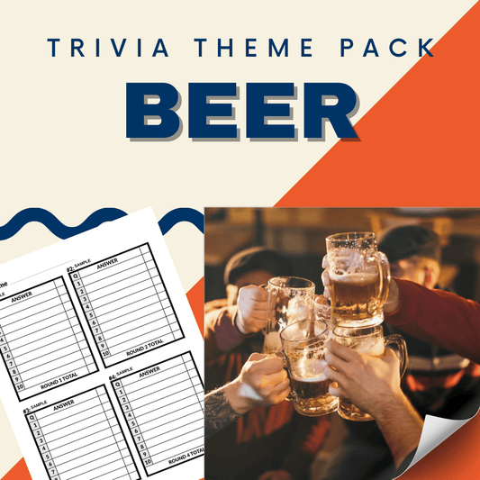 Enhance your brew knowledge with Cheap Trivia's Beer Trivia Night Theme Pack! Enjoy engaging worksheets with blank answer spaces and a lively photo of people clinking beer mugs, perfect for boosting your entertainment and engagement.