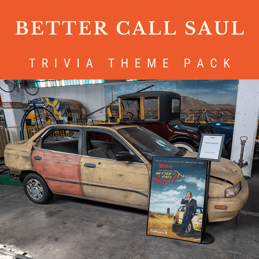 A weathered car display with a "Better Call Saul Trivia Night Theme Pack" poster from Cheap Trivia highlights the rich backstory of the "Breaking Bad" prequel in an exhibition space.