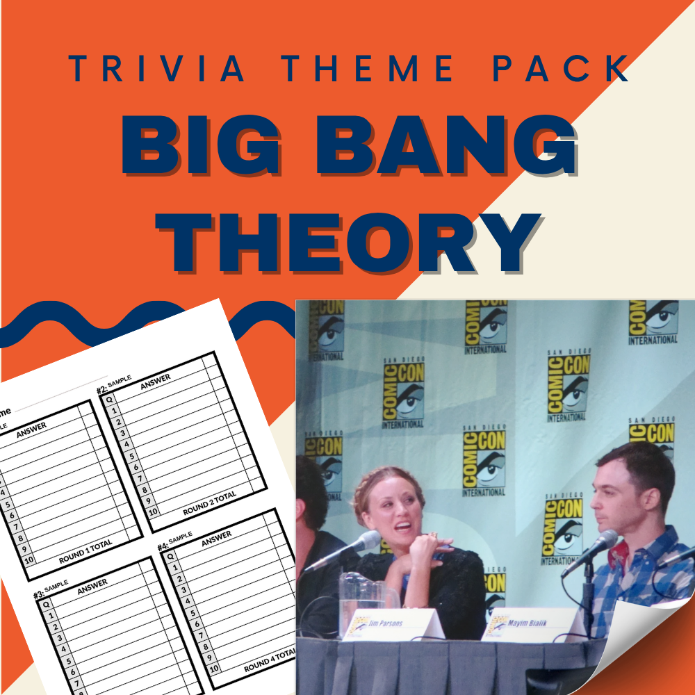Image promoting Cheap Trivia’s The Big Bang Theory Trivia Night Theme Pack, with a score sheet and a photo of two cast members at Comic-Con—perfect for fans who enjoy challenging nerdy trivia.