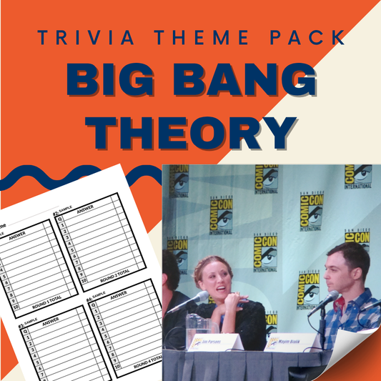 Image promoting Cheap Trivia’s The Big Bang Theory Trivia Night Theme Pack, with a score sheet and a photo of two cast members at Comic-Con—perfect for fans who enjoy challenging nerdy trivia.