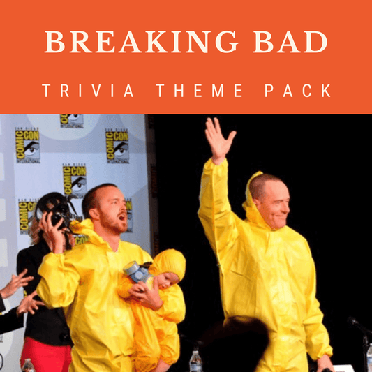 At a Comic-Con panel, two individuals in yellow hazmat suits wave on stage with "Breaking Bad Trivia Night Theme Pack" text above them. Ideal for an exciting trivia night, this Cheap Trivia product is sure to challenge even the most dedicated fans of the Emmy-winning series.