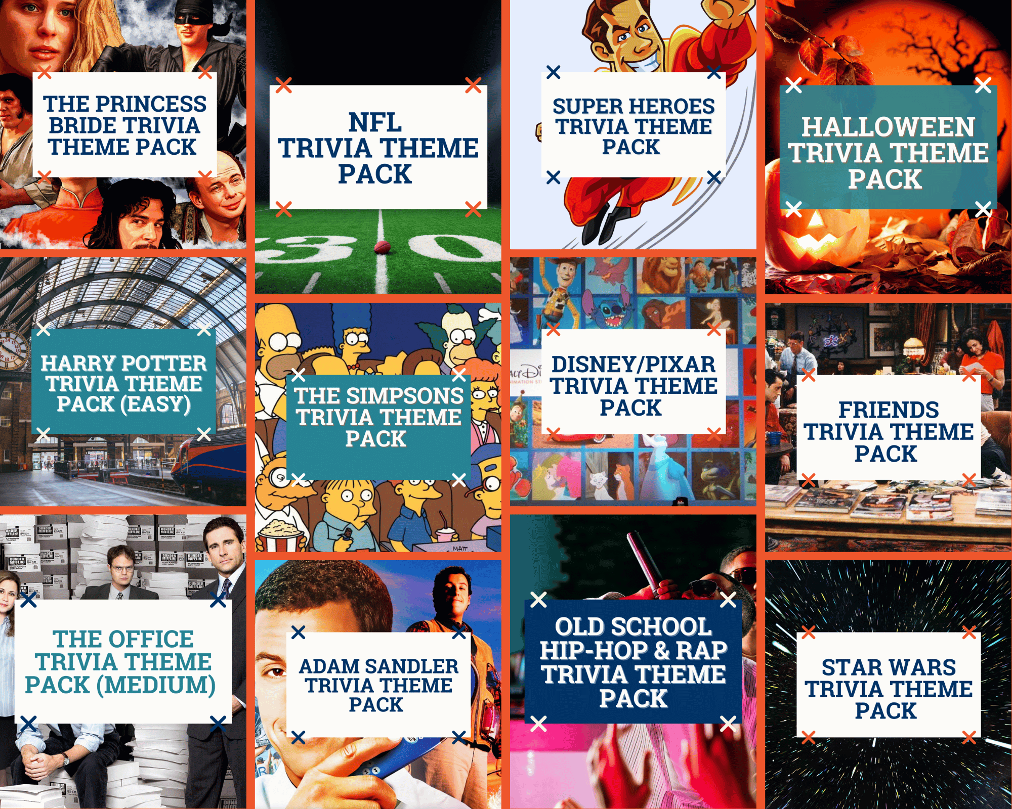Themed trivia packs for movies, TV shows, sports, and holidays