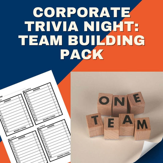 Promote your next team building event with this Corporate Trivia Night: Team Building Pack from Cheap Trivia—featuring answer sheets and wooden blocks spelling “ONE TEAM” on a vibrant split blue and orange background, perfect for creating an engaging office trivia night that challenges and unites colleagues.