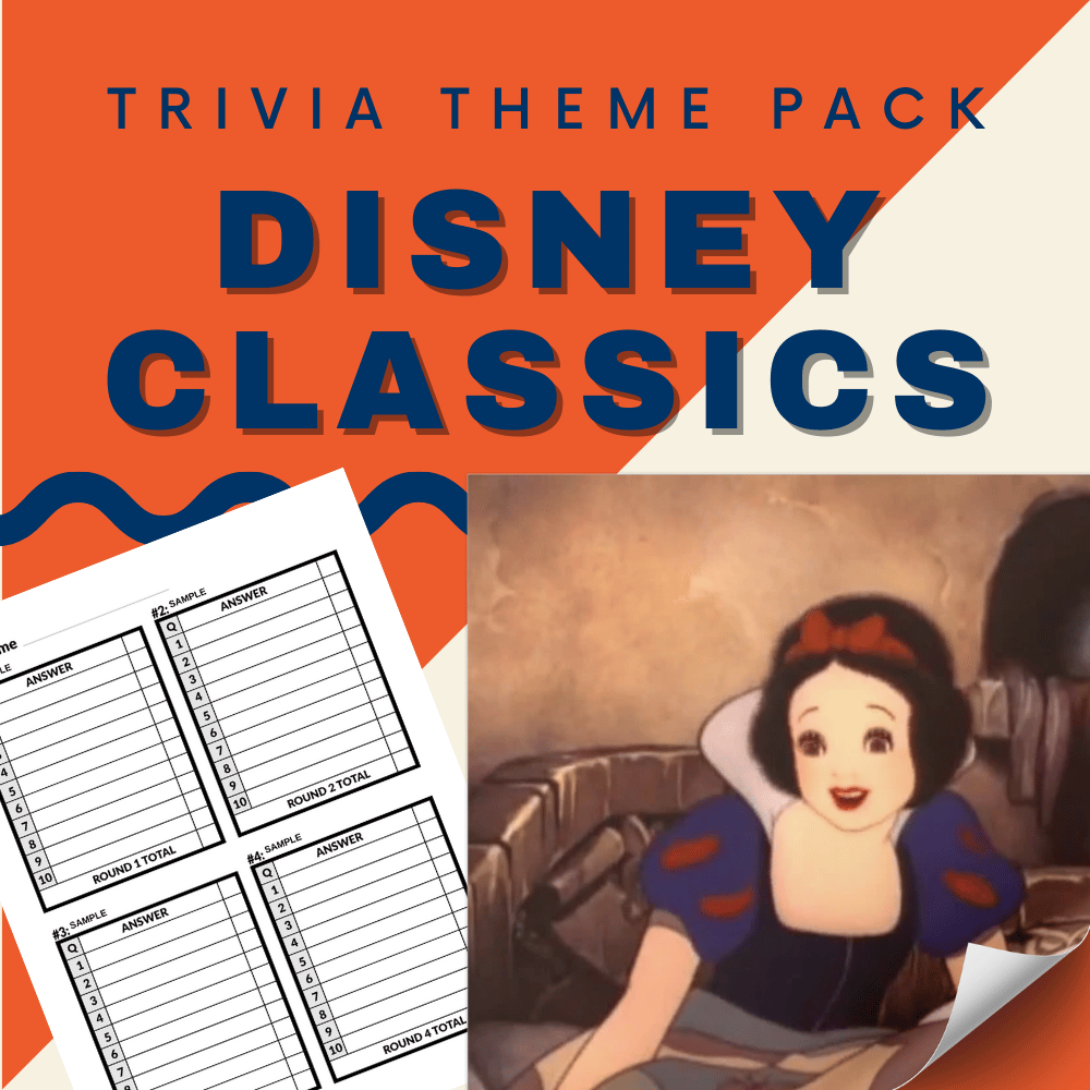 Disney Trivia Night Bundle by Cheap Trivia features a Snow White illustration and includes two answer sheets.