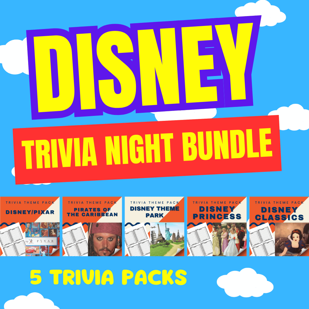 Promotional image for the Disney Trivia Night Bundle by Cheap Trivia showcases five packs: Disney/Pixar, Pirates of the Caribbean, Disney Theme Park, Disney Princess, and Disney Classics set against a blue sky background.