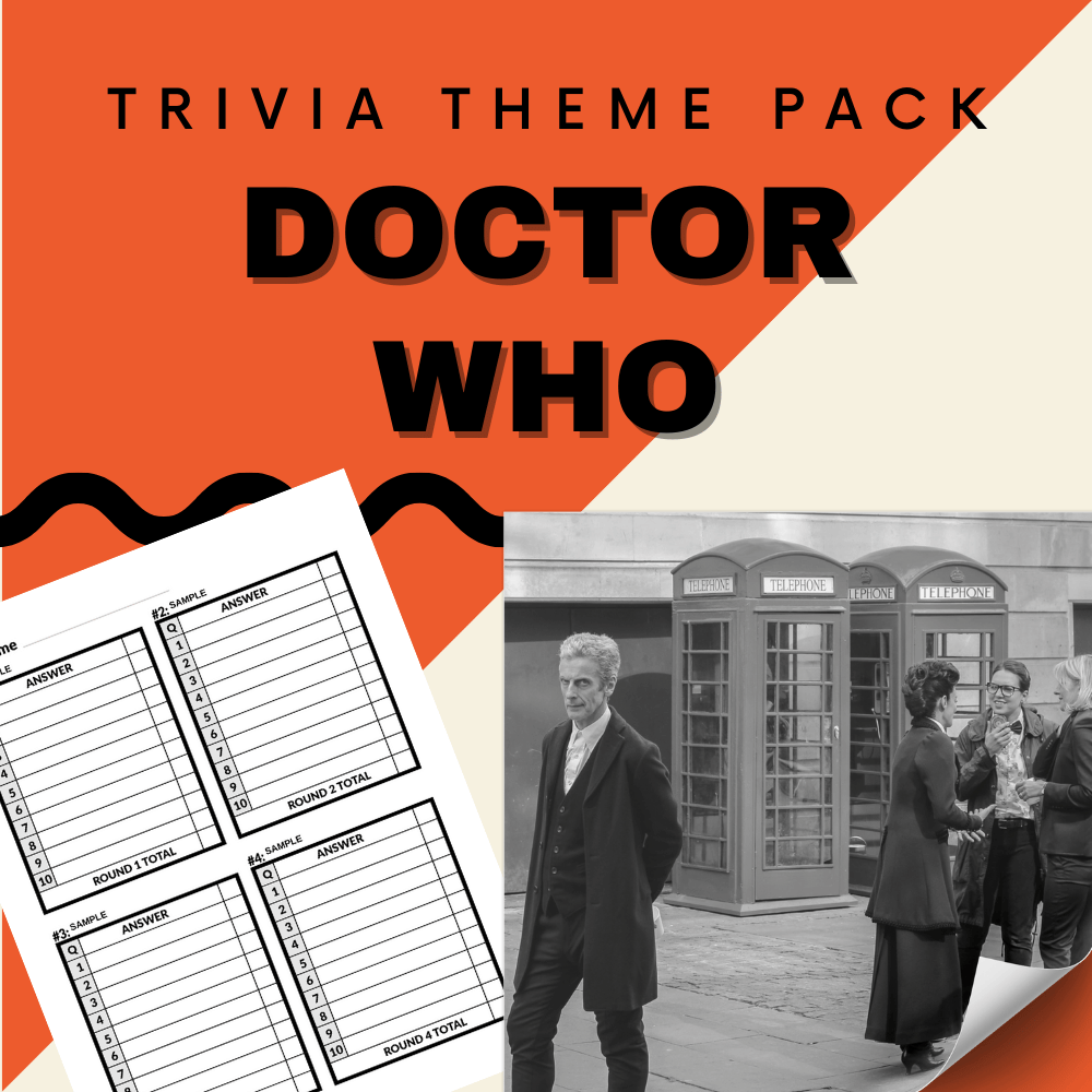 Discover the Doctor Who Trivia Night Theme Pack by Cheap Trivia, ideal for fan conventions or pub quizzes. It includes entertaining trivia sheets and a nostalgic black-and-white image of fans by iconic red telephone booths.