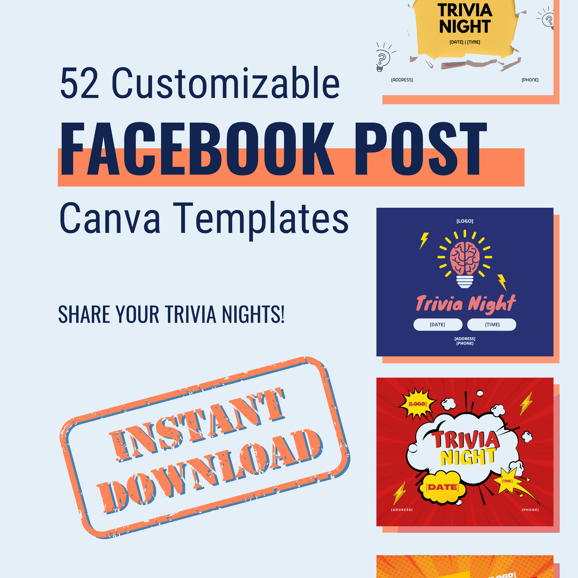 Promotional graphic for Cheap Trivia’s Ultimate Trivia Marketing Bundle: Marketing Materials & Books—52 customizable Facebook post Canva templates with trivia night designs and an “Instant Download” stamp, perfect for marketing your next trivia events.