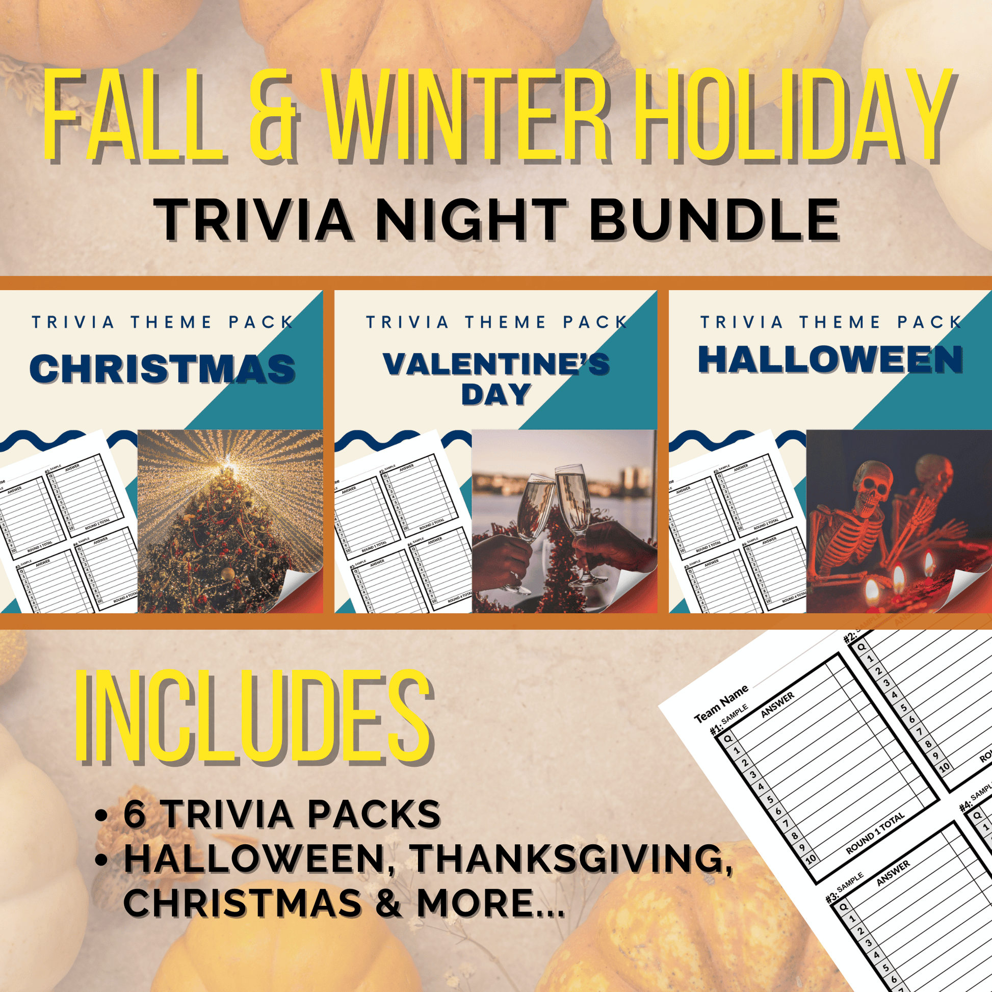 Introducing the Fall & Winter Holiday Trivia Night Bundle by Cheap Trivia. This bundle features 6 themed packs, including Christmas, Valentine's Day, and Halloween trivia games.