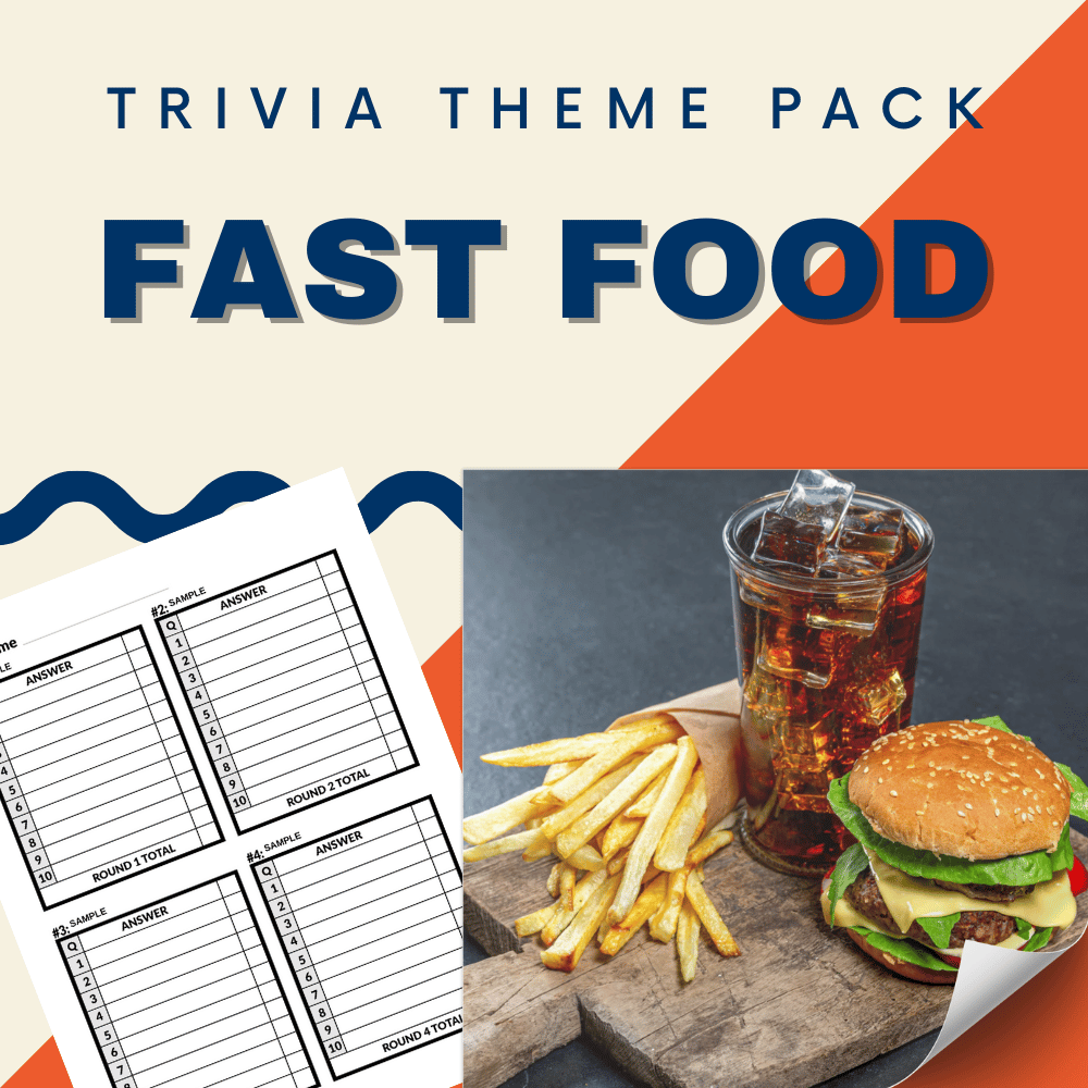 The Fast Food Trivia Night Theme Pack by Cheap Trivia is ideal for both trivia enthusiasts and foodies, featuring a burger, fries, soda, and answer sheets set against a vibrant backdrop.