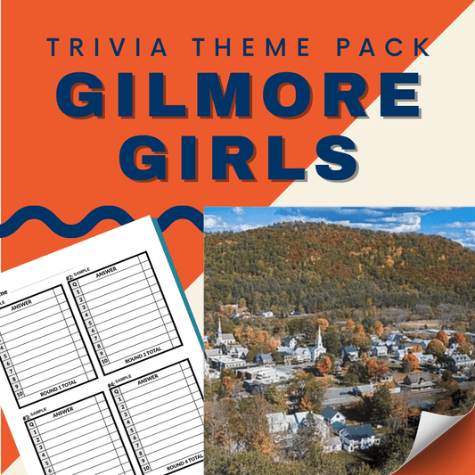 The Gilmore Girls Trivia Night Theme Pack by Cheap Trivia features "Gilmore Girls" in bold, Lorelai and Rory Gilmore, a questionnaire sheet image, and Stars Hollow's scenic view with autumn-colored trees.