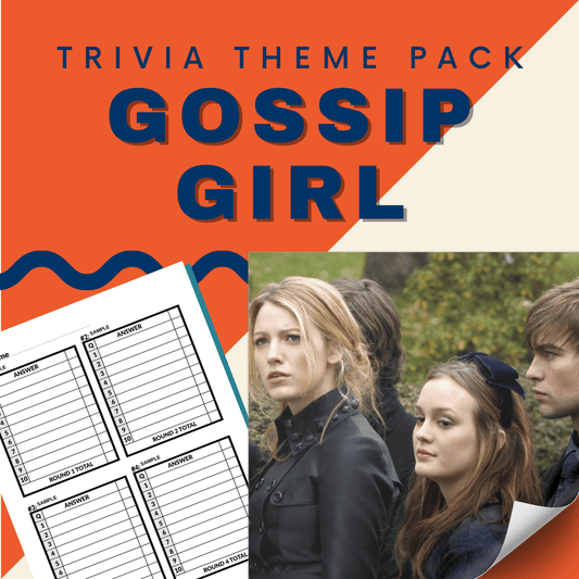 The Gossip Girl Trivia Night Theme Pack by Cheap Trivia features a cover with a trivia sheet and three young adults revealing Upper East Side secrets.