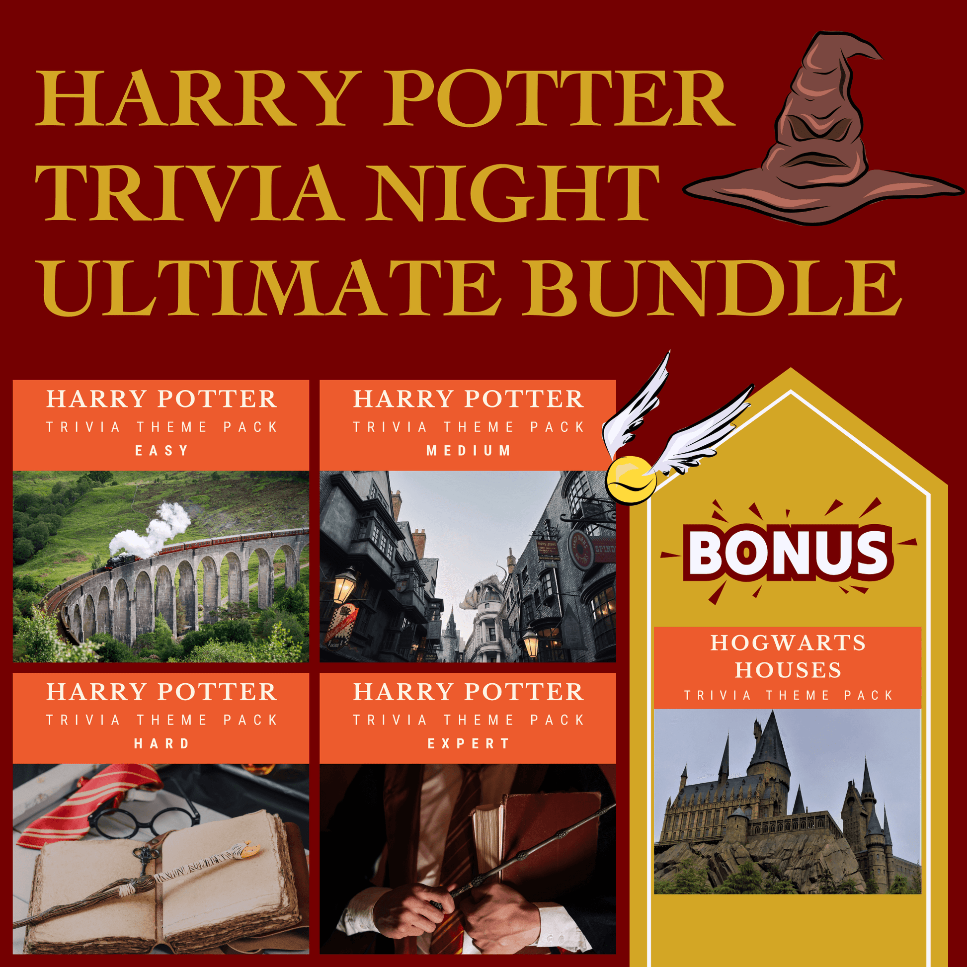 Unleash your inner Potterhead with the Harry Potter Trivia Night Bundle by Cheap Trivia! This magical set includes four levels—Easy, Medium, Hard, Expert—and a bonus Hogwarts Houses pack. It's packed with themed imagery and graphics for a thrilling challenge every fan will love!.