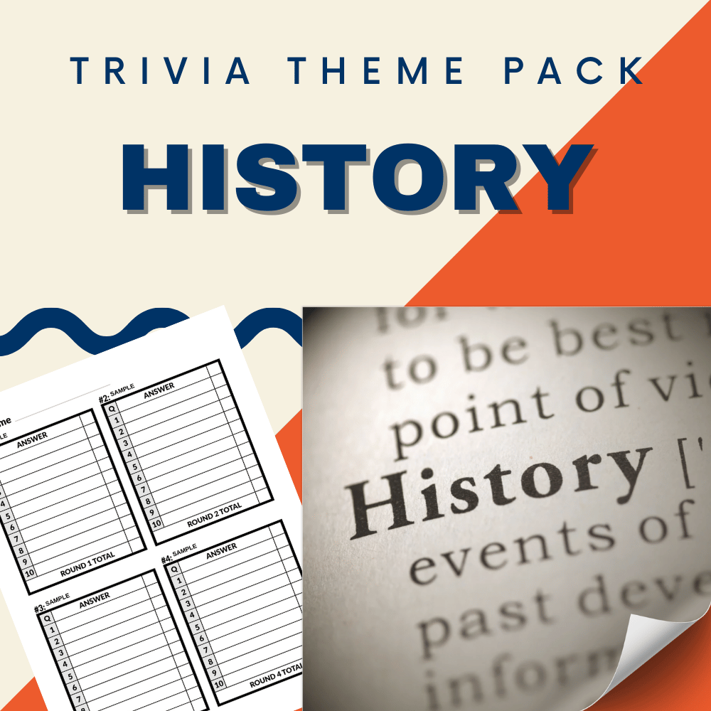 Image of the "History Trivia Night Theme Pack" by Cheap Trivia, showcasing a close-up of a dictionary entry and a blank answer sheet, ideal for exploring world events and testing your historical trivia knowledge.