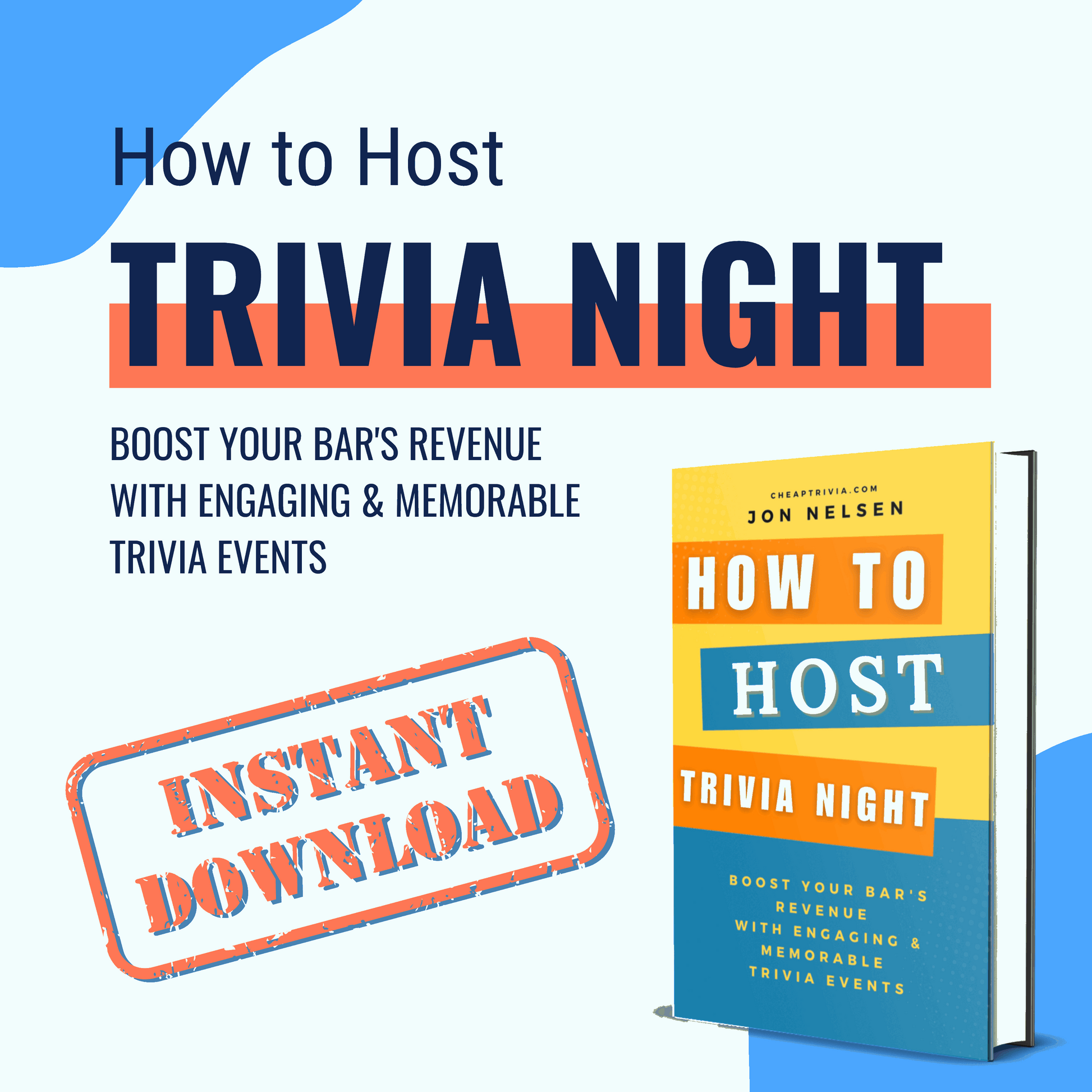 Promotional graphic for "Ultimate Trivia Marketing Bundle: Marketing Materials & Books" by Cheap Trivia, featuring a 3D book image, tips to boost bar revenue, and an "Instant Download" stamp—a must-have for successful trivia event marketing.