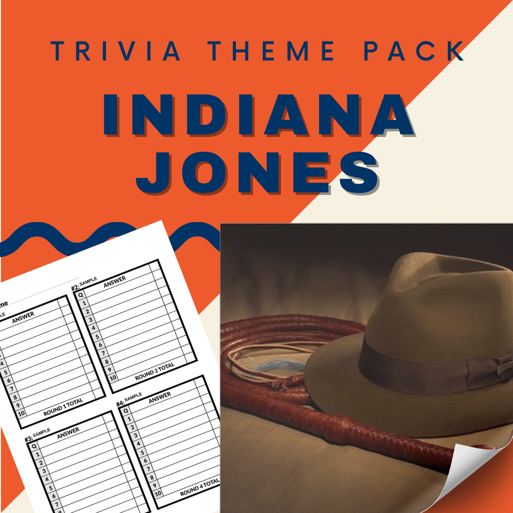 The Indiana Jones Trivia Night Theme Pack by Cheap Trivia features the iconic text, a fedora, whip, and trivia answer sheets. Embark on an epic night with Epic Questions that challenge even the bravest adventurers!.