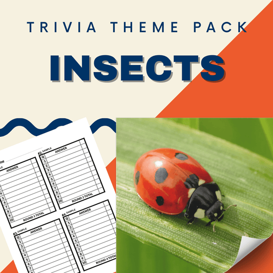 An image of a ladybug on a leaf, from the Insects Trivia Night Theme Pack by Cheap Trivia, is featured alongside trivia question and answer sheets.