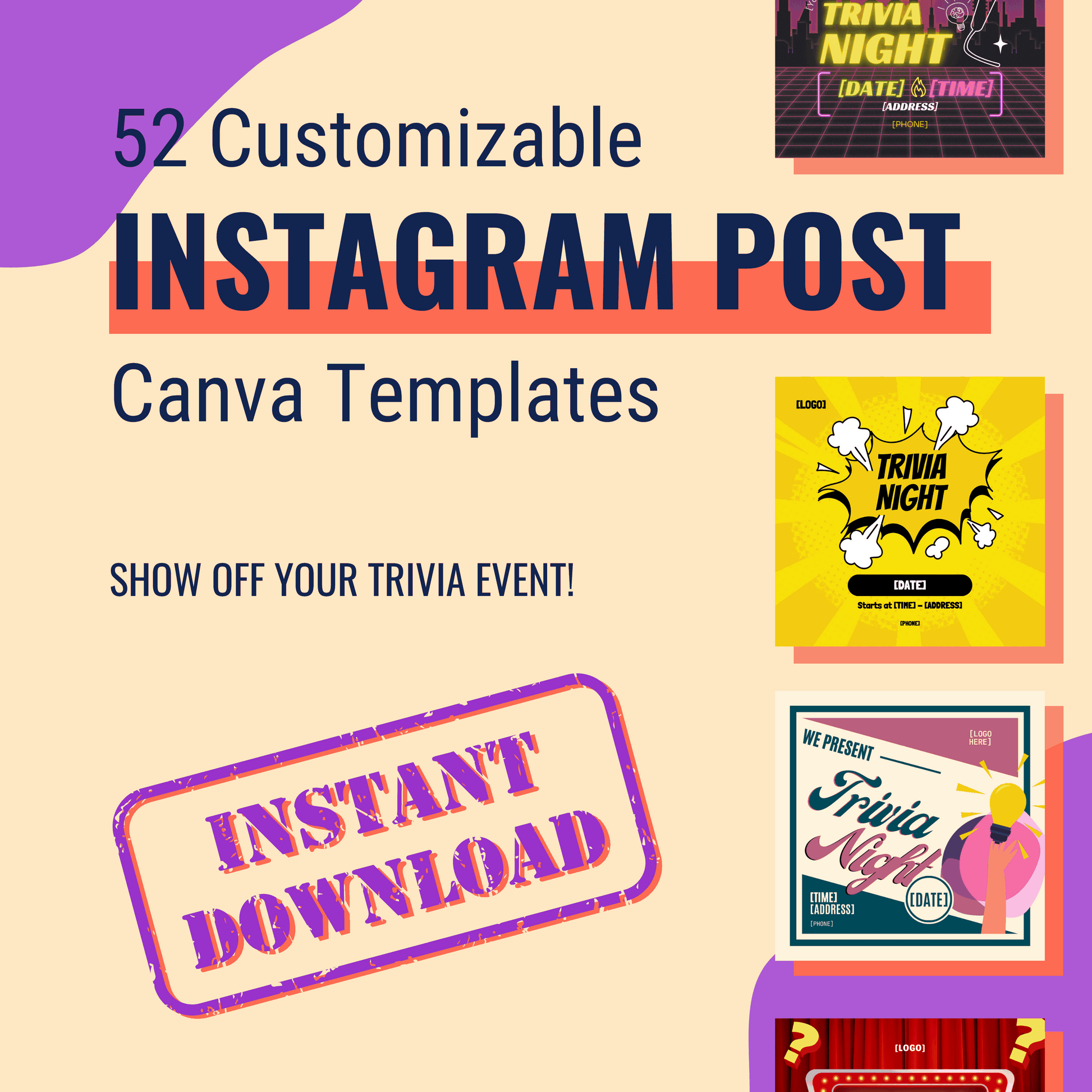 Promotional graphic for Cheap Trivia’s Ultimate Trivia Marketing Bundle: Marketing Materials & Books—52 customizable Instagram Canva templates with trivia event designs and “Instant Download” text. Perfect for marketing your trivia events!.