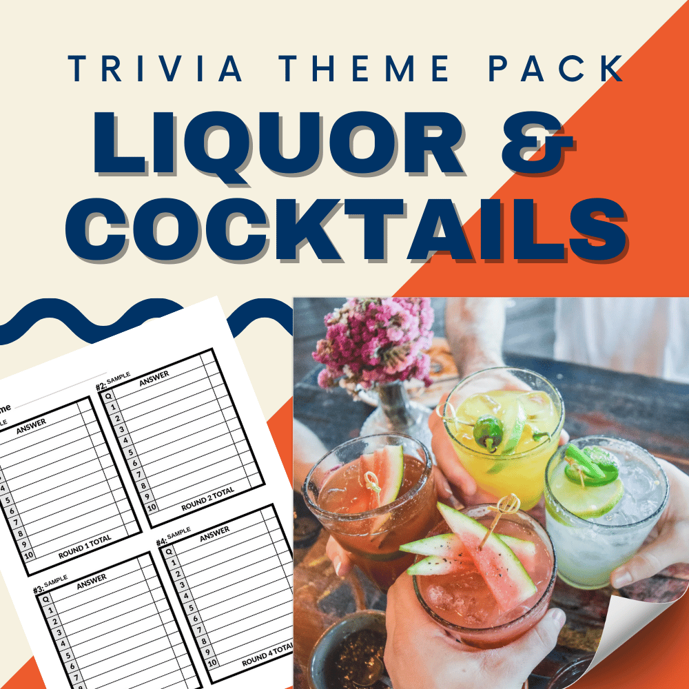 A "Liquor and Cocktails Trivia Night Theme Pack" sign from Cheap Trivia sits next to an answer sheet. A vibrant photo of cocktails held by several hands embodies cocktail culture, making it an ideal choice for a fun-filled mixology trivia night.