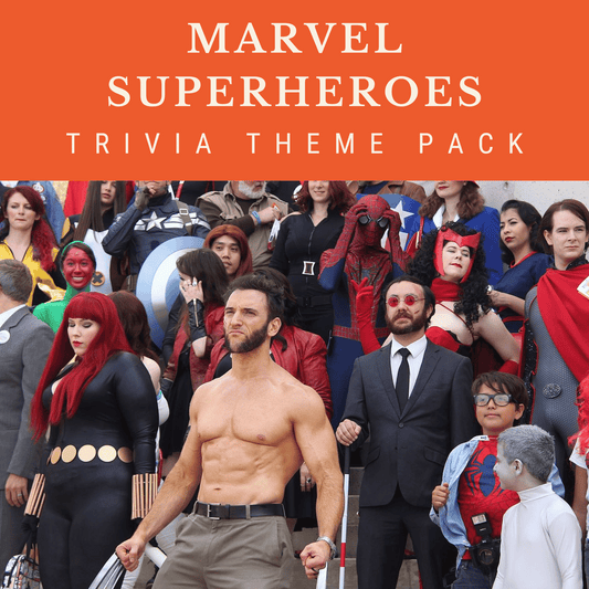 Marvel Superheroes Trivia Night Theme Pack featuring MCU trivia questions and answers for fans of Marvel movies and TV shows.