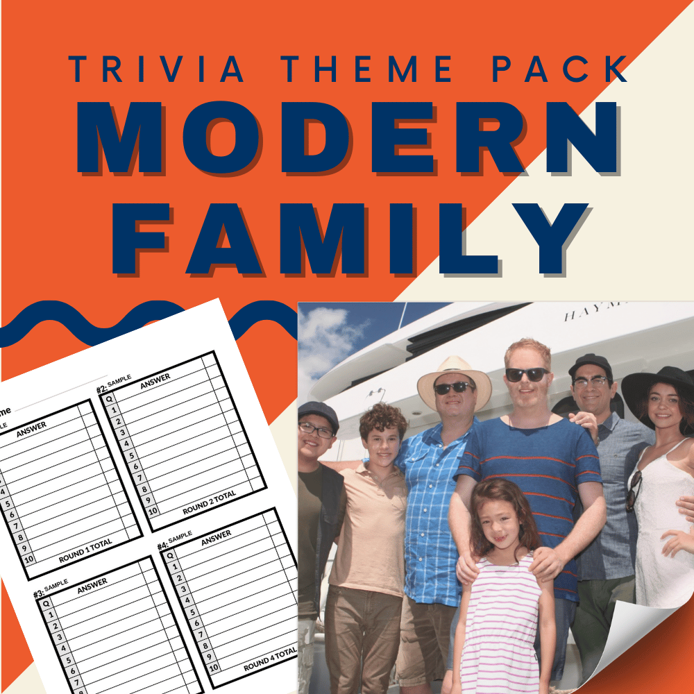 Introducing the Modern Family Trivia Night Theme Pack by Cheap Trivia! Perfect for an exciting trivia night, this pack includes a charming family photo and engaging trivia sheets. Dive into classic TV moments and enjoy an evening of fun, laughter, and learning.