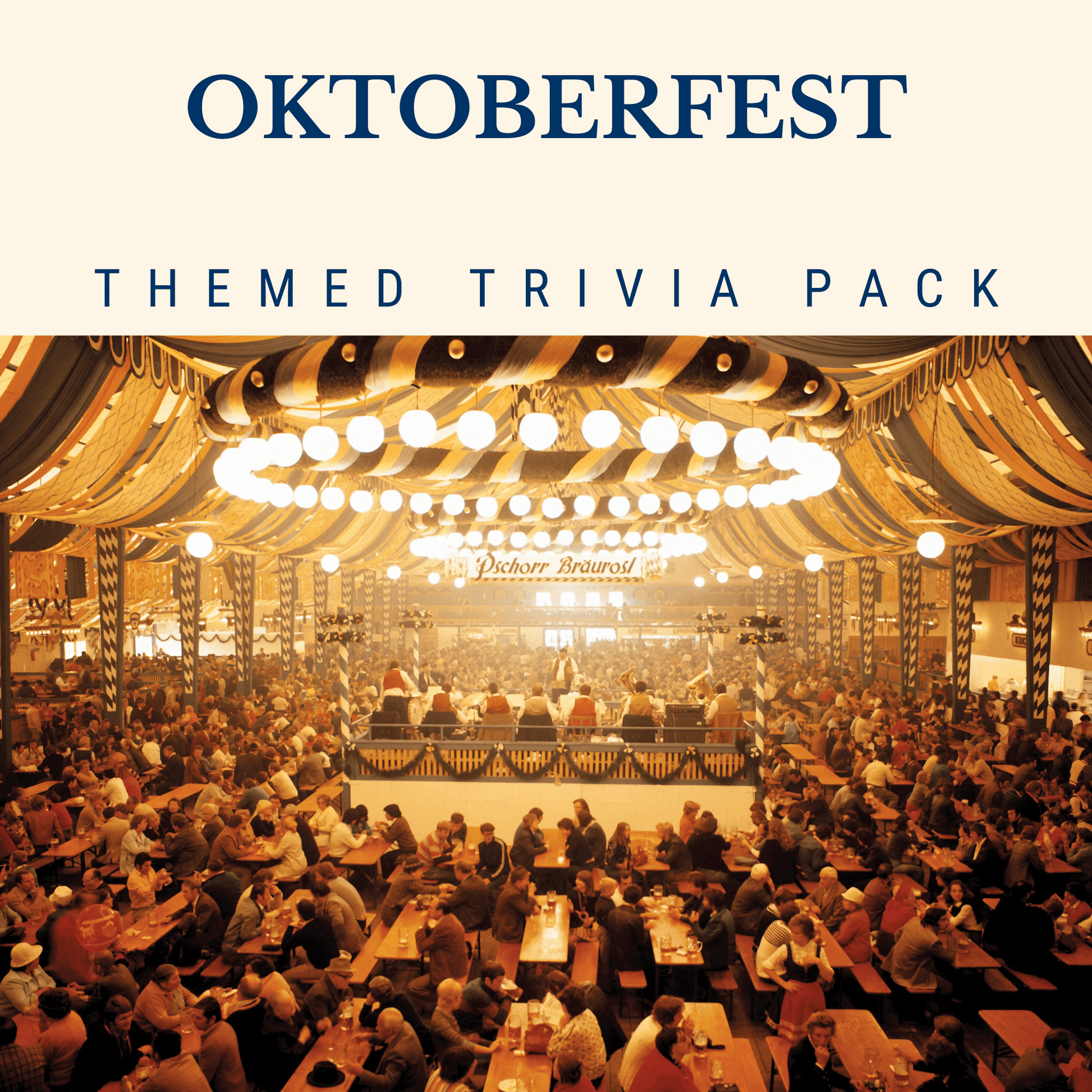 Oktoberfest Trivia Night Theme Pack, featuring Oktoberfest trivia questions about the festival’s history, beer tents, and global celebrations.